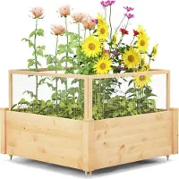 Costway Hochbeet Pflanzkasten mit Gitterzaun, 4-seitigem Zaun & 9 Pflanzflächen, Schutz vor Tierschäden, Blumenkasten Holz 107x107x70cm