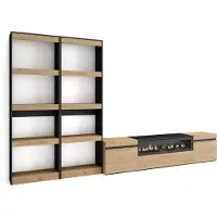Skraut Home Wohnwand Wohnzimmer, 320x35x186cm, Für TV-Geräte bis zu 80", Elektrokamin, Eiche und Schwarz
