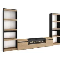 Skraut Home Wohnwand Wohnzimmer, 320x35x186cm, Für TV-Geräte bis zu 80", Elektrokamin, Eiche und Schwarz