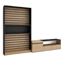 Skraut Home Wohnwand Wohnzimmer, 260x35x186cm, Für TV-Geräte bis zu 65", Wohnzimmer Möbel, Eiche und Schwarz