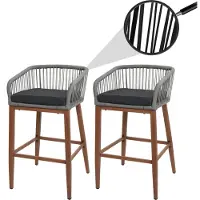 Mendler 2er-Set Rope-Barhocker HWC-O22, Outdoor Sitzpolster Seilgeflecht Metall Holz-Optik hellgrau, Kissen dunkelgrau
