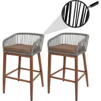 Mendler 2er-Set Rope-Barhocker MCW-O22, Outdoor Sitzpolster Seilgeflecht Metall Holz-Optik hellgrau, Kissen taupe