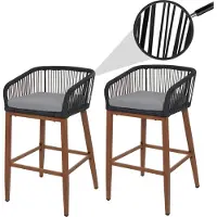 Mendler 2er-Set Rope-Barhocker MCW-O22, Outdoor Sitzpolster Seilgeflecht Metall Holz-Optik anthrazit, Kissen hellgrau