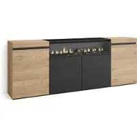 Skraut Home Sideboard, Highboard, 200x35x75cm, 4 Türen, Elektrokamin. farbe Eiche und Schwarz