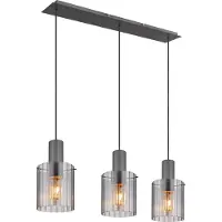 Globo Lighting Hängeleuchte Metall grau dunkel, Glas rauchfarben, Kabel Textil schwarz, Höhe kürzbar, Gläser mit Rillen, LxBxH: 980x180x1200mm, exkl. 3x E27 40W 230V