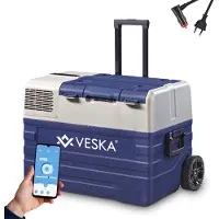 Veska Kompressor Kühlbox elektrisch, Kühltruhe mit APP-Steuerung, USB-Anschluss, Teleskopstange, Räder, 12/24V, 230V - 42 Liter - blau