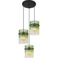 Globo Lighting Hängeleuchte Metall schwarz matt, Glasstäbe grün, klar verlaufend, Kabel PVC schwarz, Höhe kürzbar, ø: 470mm, H: 1400mm, exkl. 3x E27 60W 230V