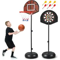 Costway Kinder-Basketballkorb mit Dartboard, 2-in-1 Basketball-Tor-System für Kleinkinder mit doppelseitigem Rückbrett & 6 Darts, befüllbarem Standfuß