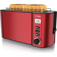 Arendo Toaster 4 Scheiben, Langschlitz, Edelstahl, 1500W, Display mit Restzeitanzeige, Brötchenaufsatz, Auftaufunktion, Wärmeisolierendes Gehäuse, rot