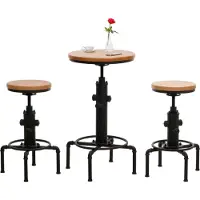 Mendler Set Bartisch + 2x Barhocker MCW-N23, Barstuhl Stehtisch höhenverstellbar drehbar Fußablage Industrial Eisen Holz natur