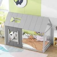OKWISH 90 x 200 Kinderbett, Hausform-Kinderbett, Einfamilienhaus-Flachbett mit Dach und Fenster grau