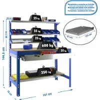 Simon Rack PROREGAL Werkbank BUFFALO mit Frontablage und Schubfach | HxBxT 84x150x76cm | Traglast 600kg | Blau