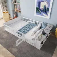 STILVORA Kinderbett 140x190 Holzbett ohne Matratze, Jugendbett mit Sicherheitstür und Zaun,mit Offenes Lager und Einlegeböden,aus Kiefernholz,Weiß