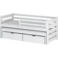 KIDS Collection Einzelbett 90x200 mit Rausziehbett 90x190 mit zwei Schubladen, Rausfallschutz und Lattenrosten, Vollholz massiv in weiß, Kinderbett Funktionsbett 200x90