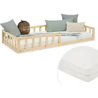 Homestyle4u Kinderbett 90x200 mit Rausfallschutz Natur Bodenbett Montessori Bett Lattenrost Matratze mit  Standard 100