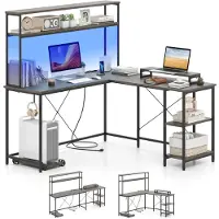 Costway L-förmiger Eckschreibtisch 145x145cm reversibler Computertisch Bürotisch mit LED, Steckdosen, Regale, Kopfhörerhaken & Monitorständer Grau