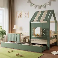 STILVORA 90x200 Kinderbett mit Dach und Fenster,Stauraumbett mit Zaun und 2 Schubladen,Jugendbett in Hausform mit Holzfensterbank,ohne Matratze,Grün