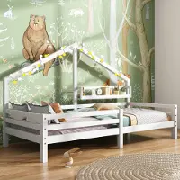 OKWISH Hausbett 90x200 cm Einzelbett mit Ablageregal Kinderbett Kaminform Kiefernholz Weiß
