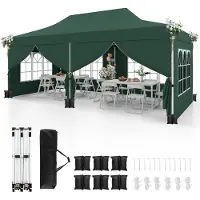 Costway Pavillon 3x6m, Faltpavillon mit 6 abnehmbaren Seitenwänden, Sandsäcke & Tragetasche, Gartenpavillon Partyzelt Winterfest UV-Schutz 50+ Grün