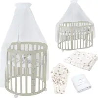 Waldin Mobiles Babybett OWAL aus Holz 7in1 mit Matratze, mitwachsend,Stoffe Weiß Löwenzahn,Holz olive