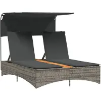 vidaXL Doppel-Sonnenliege mit Dach und Auflagen Grau Poly Rattan