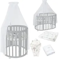 Waldin Mobiles Babybett OWAL aus Holz 7in1 mit Matratze, mitwachsend,Stoffe Weiß Zweige,Holz grau