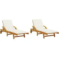 Syfax Sonnenliegen 2er-Set, Akazienholz massiv, 5-fach verstellbar, mit Rädern, 200x68x30-83 cm, max. 110 kg, inkl. 2 cremeweißer Polyester-Kissen