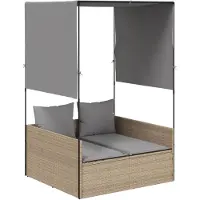 vidaXL Doppel-Sonnenliege mit Dach und Vorhängen Beige Poly Rattan