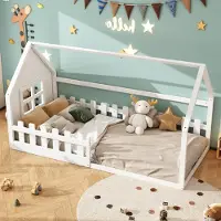 STILVORA 90x200 Kinderbett mit Hausleiste,Jugendbett aus Holz,Einzelbett in Hausform für Jungen und Kinder,Einfach zu montieren,mit Matratze,MDF,weiß