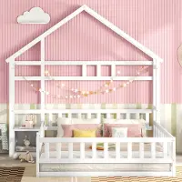 OKWISH Kinderbett 140*200cm, flaches Bett mit Geländer, Heimbett Kinderbett mit Nachttisch, stabil und langlebig, weiß