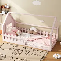MODFU Kinderbett 90x200 cm Jugendbett mit Rausfallschutz, Hausbett aus Kiefernholz,Bettgestell Holzbett mit Lattenrost, Rosa (ohne Matratze)