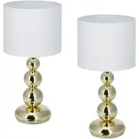 Relaxdays Tischlampe, 2er Set, Metallfuß & Stoffschirm, E27, HxD: 50 x 25 cm, Nachttischlampe Schlafzimmer, weiß/gold