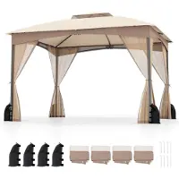Costway Pavillon 3x3,6m, Gartenpavillon mit 4 Sandsäcken, 4 Moskitonetz, Doppeldach & Tragetasche, Partyzelt wasserdicht, stabil, winterfest Khaki