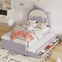 MODFU Jugendbett 90×200cm Polsterbett Jugendbett mit Matratze Bettgestell Ausziehbett&Schubladen Einhornmotiv am Kopfteil,Lila
