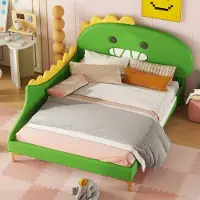 MODFU Kinderbett Polsterbett 140×200 cm mit Lattenrost, Jugendbett Doppelbett mit Kopfteil in Dinosaurierform(Ohne Matratze), PolyurethanGrün