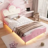 STILVORA Polsterbett 90x200 mit Krone-Kopfteil,Stauraumbett Bettgestell mit LED-Beleuchtung,Einzelbett mit Lattenrost,PU,Rosa(mit Matratze)