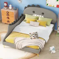 MODFU Kinderbett Polsterbett 140×200 cm mit Lattenrost, Jugendbett Doppelbett mit Kopfteil in Dinosaurierform(Ohne Matratze), PolyurethanGrau