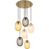Globo Lighting Hängeleuchte Metall goldfarben matt, Glas, Kabel Textil schwarz, Höhe kürzbar, je 2 Gläser in den Farben rauchfarben, amber und satiniert, ø: 470mm, H: 1200mm, exkl. 6x E14 40W 230V