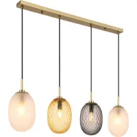 Globo Lighting Hängeleuchte Metall goldfarben matt, Glas, Kabel Textil schwarz, Höhe kürzbar, Glasfarben: 1 x rauchfarben, 1 x amber, 2 x satiniert, LxBxH: 960x150x1200mm, exkl. 4x E14 40W 230V