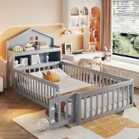 MODFU Kinderbetten 90×200 Einzelbett Ohne Matratze mit Stauraum,Massivholz mit Hausrahmen Schutzgitter,mit Bilderleiste,Grau