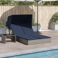 vidaXL Möbel Doppelte Sonnenliege mit Baldachin und Kissen, grau, Polyrattan - Gartenliegen &48433