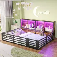 MODFU Zaunbett 140x200 Bodenbett mit Staufach im Bettseite,Jugendbett Ohne Matratze mit Lattenrost und Brüstung,Schwarz