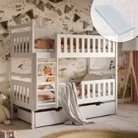 KIDS Collection Hochbett 80x180 cm mit 2 Matratzen und 2 Schubladen Etagenbett mit Rausfallschutz und Lattenrost, umbaubar in 2 Kinderbetten, aus Vollholz in weiß