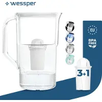 Wessper Wasserfilterkanne 2.8 L Kompatibel Mit Brita Classic , Wasser Filtersystem zur Reduzierung von Kalk, Chlor | + 4x Wasserfilter Weiß