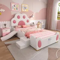 MODFU Kinderbett mit Matratze 90x200 Einzelbett mit Kinderrutsche und zweistufigen Leiter,Verspieltes Kopfteil mit Katzenpfoten-Design,Weiß+Rosa