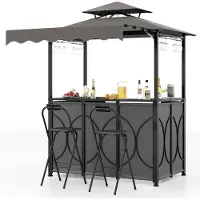 Costway 3 tlg. Grillpavillon mit Bar & 2 Barhockern, Gartenpavillon mit Doppeldach & Markise, Grillüberdachungen wetterfest, 193x117x240cm Grau