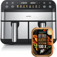 Arendo Heißluftfritteuse XXL, Doppelkammer, Dual Zone, Airfryer 9L mit Backpapier, Dörrautomat, 2400 W, 8 Programme, Touchscreen, 3D Umluftsystem