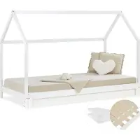 Homestyle4u Kinderbett 90x200 180x200 ausziehbar mit Matratze mit Standard 100 Familienbett Kinderbett Hausbett mit Lattenrost Weiß Holz Kiefer Gästebett