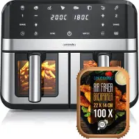 Arendo Heißluftfritteuse XXL, Doppelkammer, Dual Zone , Airfryer 9L mit Backpapier, Sichtfenster mit Beleuchtung, 2400 W, 8 Programme, Touchscreen, 3D Umluftsystem