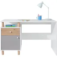 Beautysofa -Schreibtisch FIGO 125 cm, Moderner Computertisch mit 1 Tür und 1 Schublade, Bürotisch mit Stauraum, Arbeitstisch, Weiß/Eiche Artissan/Grau